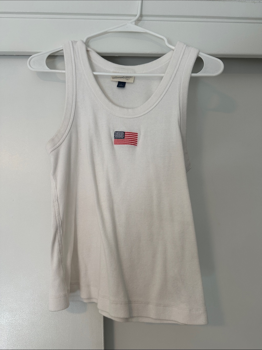 White Ribbed Tank with Small American Flag Patch